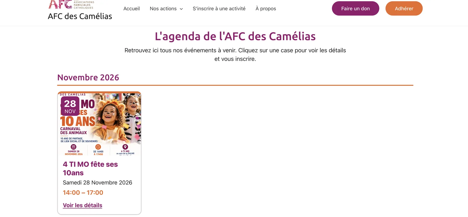 Agenda public de l’AFC des Camélias avec un événement à venir