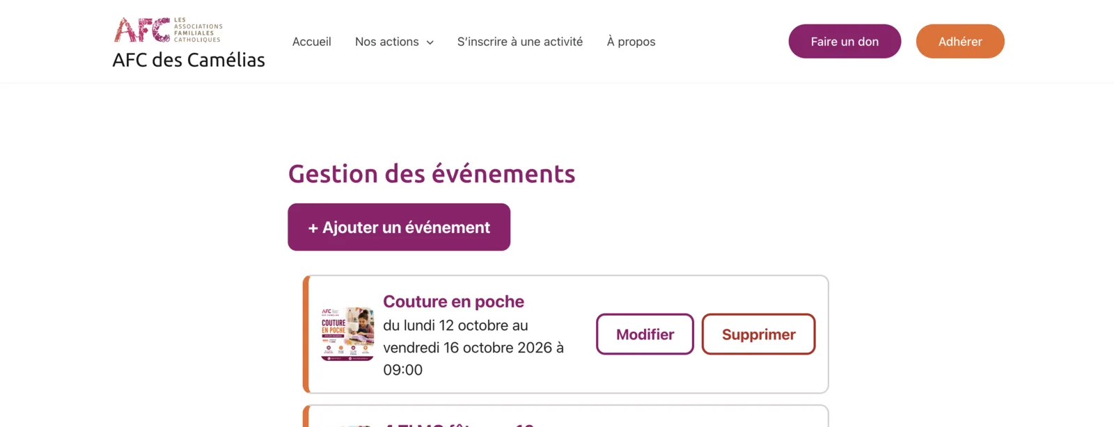 Gestion des événements — AFC des Camélias