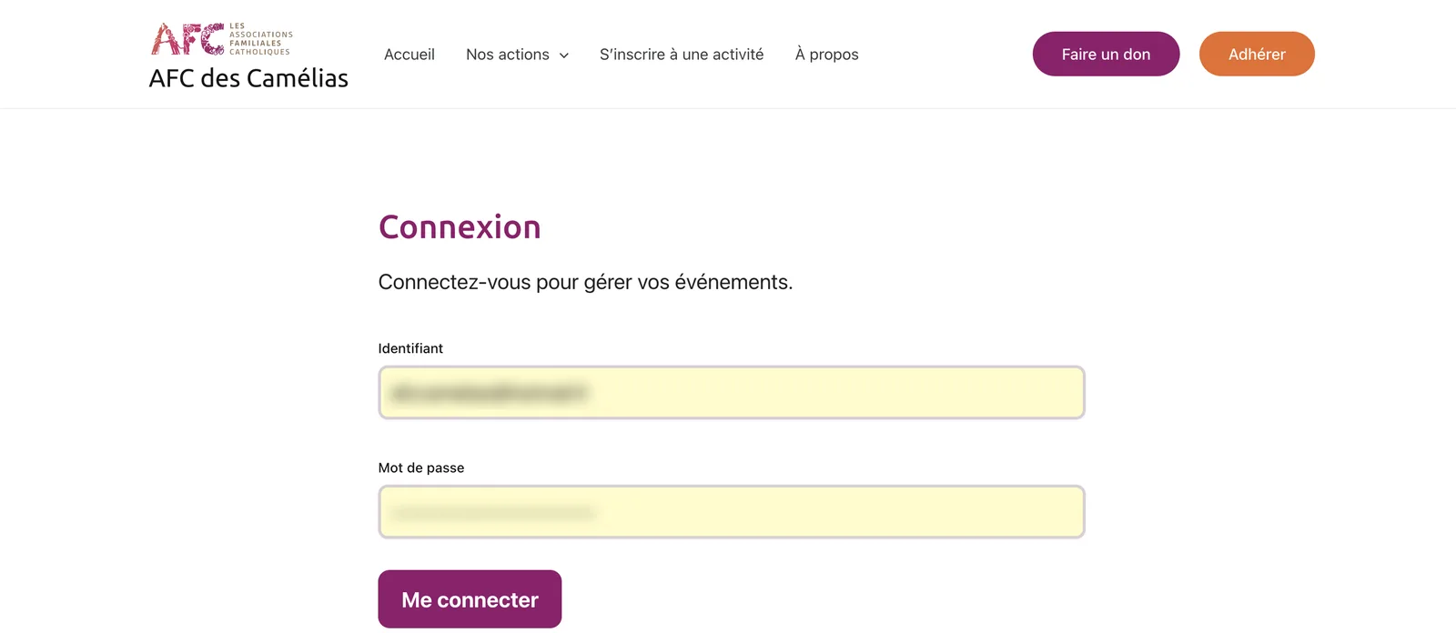 Page de connexion au module de gestion des événements — AFC des Camélias