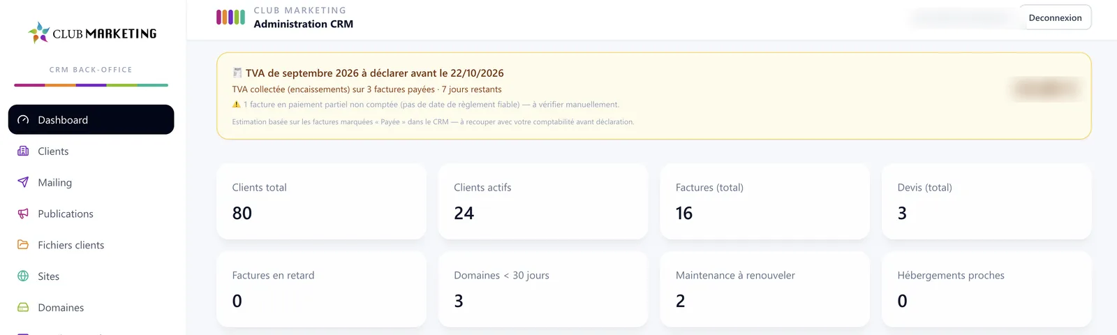 CRM Club Marketing — tableau de bord