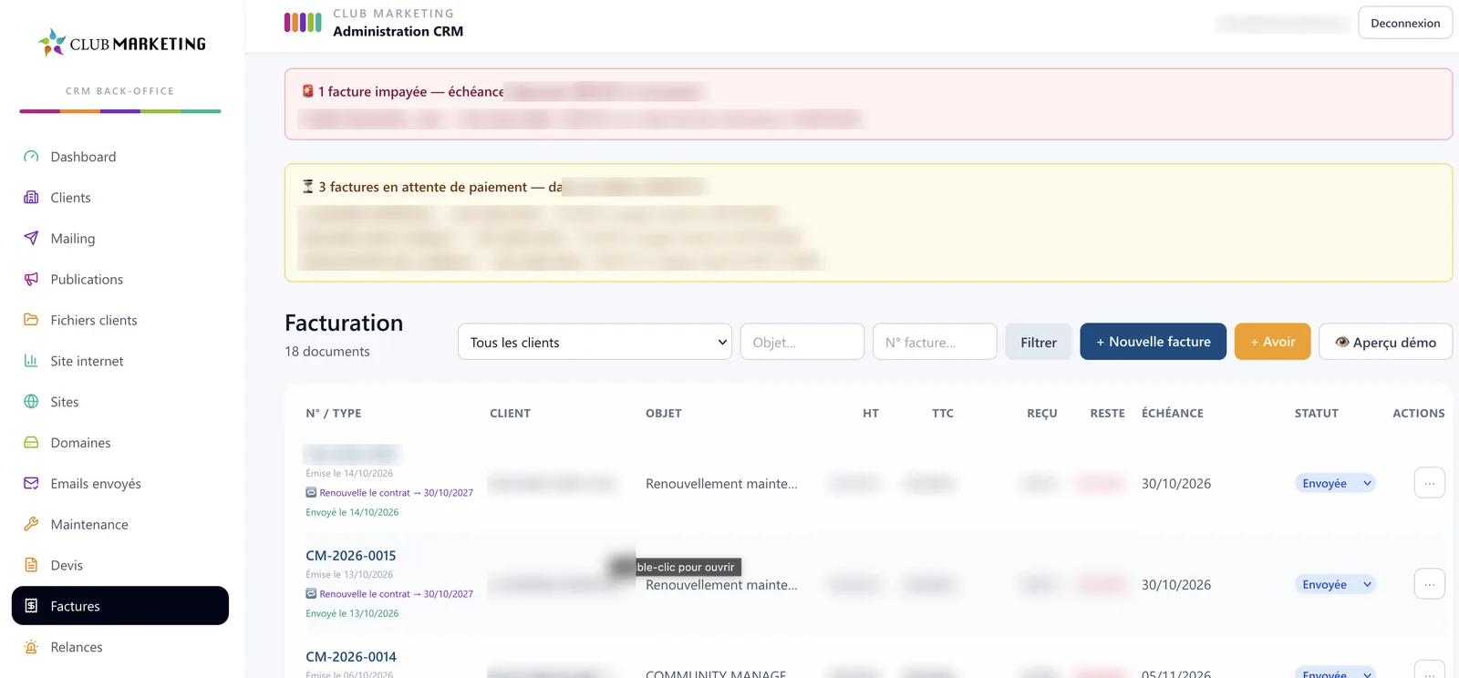 Facturation du CRM : liste des factures et alertes de paiement