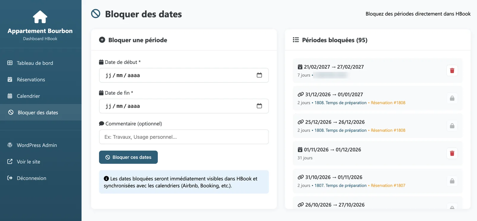 Blocage de périodes de dates — Appartement Bourbon