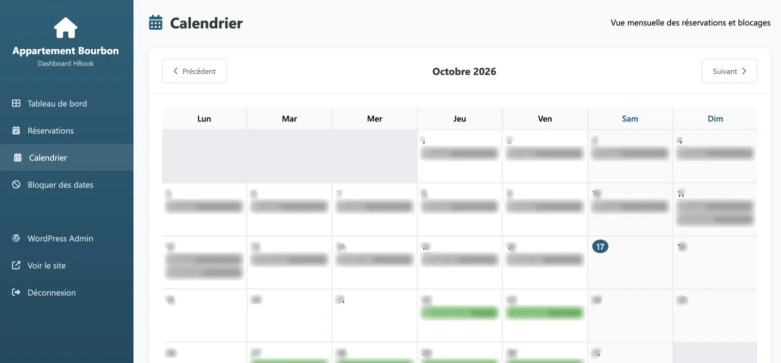 Calendrier mensuel des réservations et des blocages
